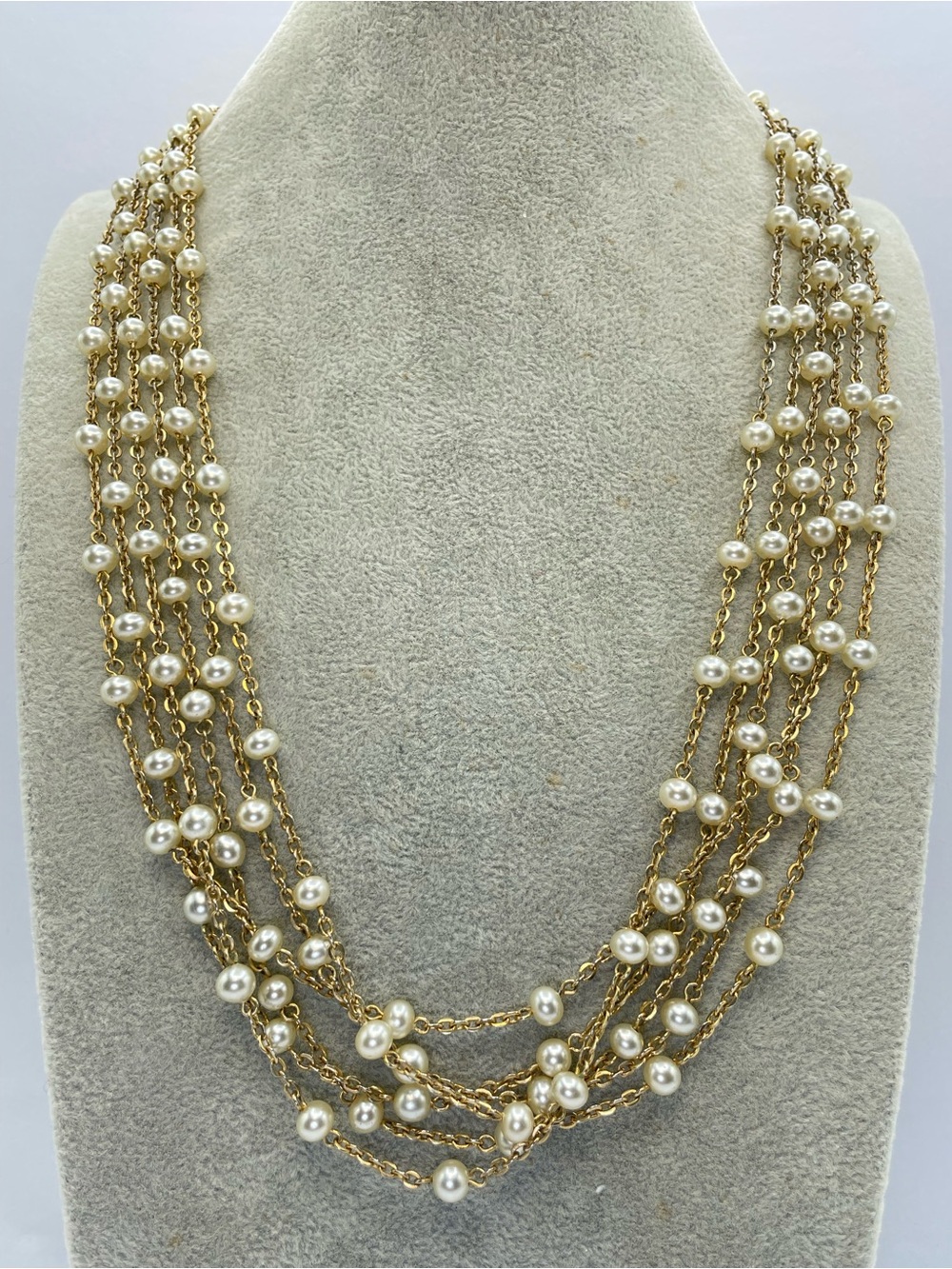 Vintage Gold Tone Multi Strand Faux Pearl Statement Layered Necklace